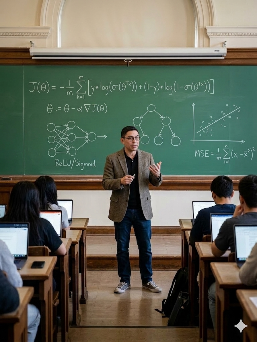 Professor lecturing in front of a chalkboard with machine learning diagrams