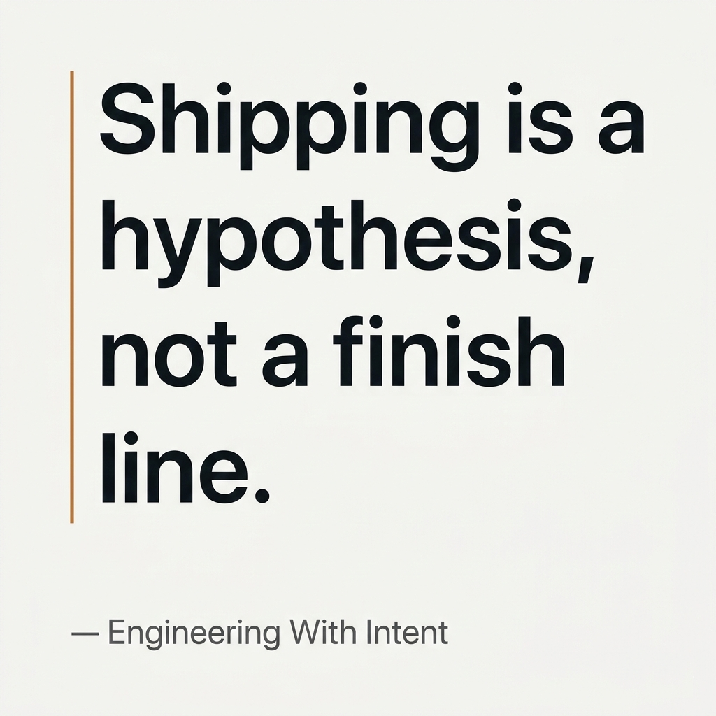 Quote card: “Shipping is a hypothesis, not a finish line.”