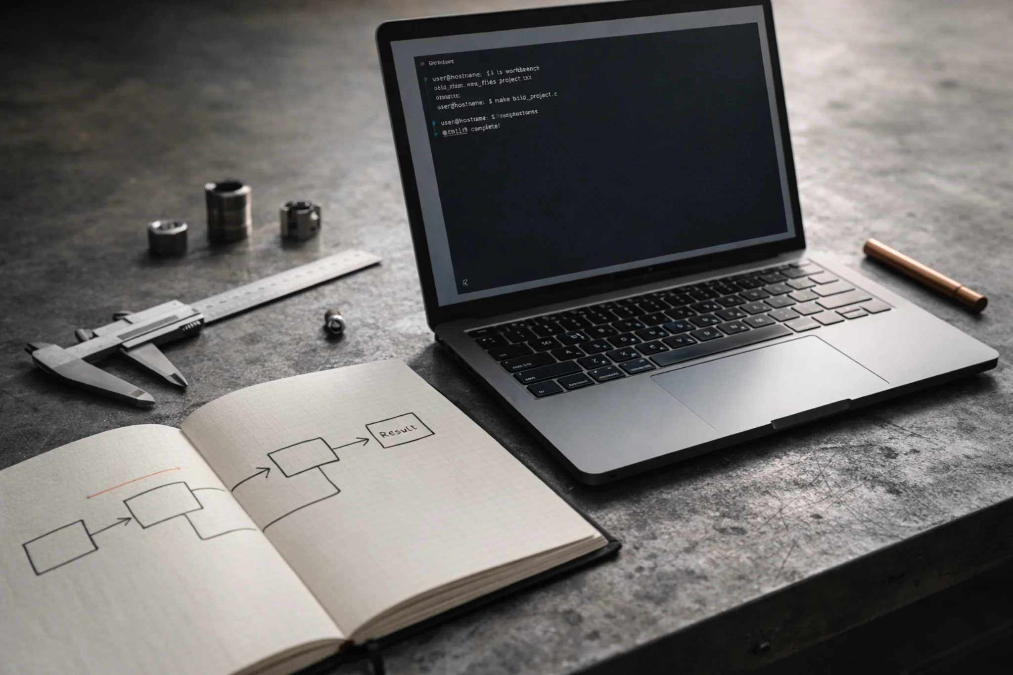 Workbench setup with tools and hardware components for practical build experiments